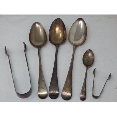 Hallmarked Silver Including three Georgian Tablespoons, Large Victorian Sugar Tongs, Further tongs and a Teaspoon: Various Dates & Makers: Weight 268g