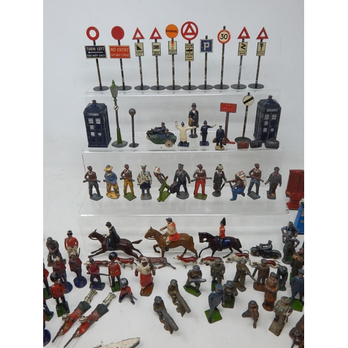 446 - A Large Collection of Lead Soldiers, Figures, Road Signs, Zoo Animals, Farm Animals, Petrol Pumps, A... 