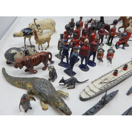 446 - A Large Collection of Lead Soldiers, Figures, Road Signs, Zoo Animals, Farm Animals, Petrol Pumps, A... 