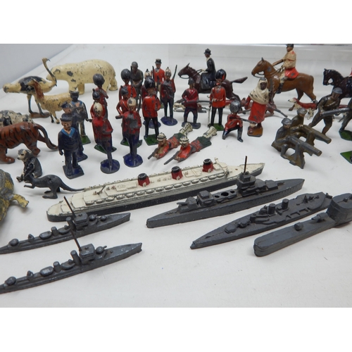 446 - A Large Collection of Lead Soldiers, Figures, Road Signs, Zoo Animals, Farm Animals, Petrol Pumps, A... 