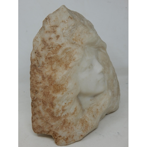 467 - Art Nouveau Signed Carved White Marble Bust of a Maiden with Long Flowing Hair: Signed: Measuring 23... 