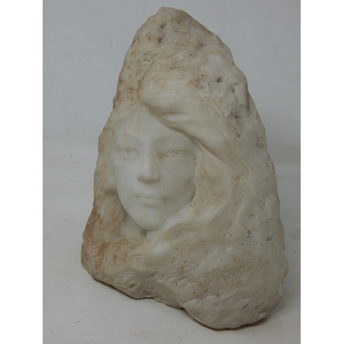 467 - Art Nouveau Signed Carved White Marble Bust of a Maiden with Long Flowing Hair: Signed: Measuring 23... 