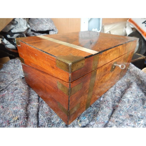 471 - 19th Century Brass Banded Writing Slope with Inkwells together with a Sewing Box