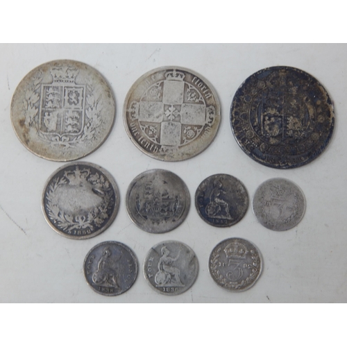 23O - A small collection of early UK Silver coinage comprising:  Silver Threepence 1862, 1892; Groats (Fou... 