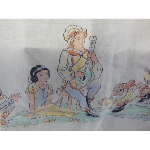 482 - 1960's Irish Linen Snow White & The Seven Dwarfs Table Cloth with Label 