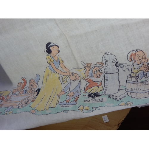 482 - 1960's Irish Linen Snow White & The Seven Dwarfs Table Cloth with Label 