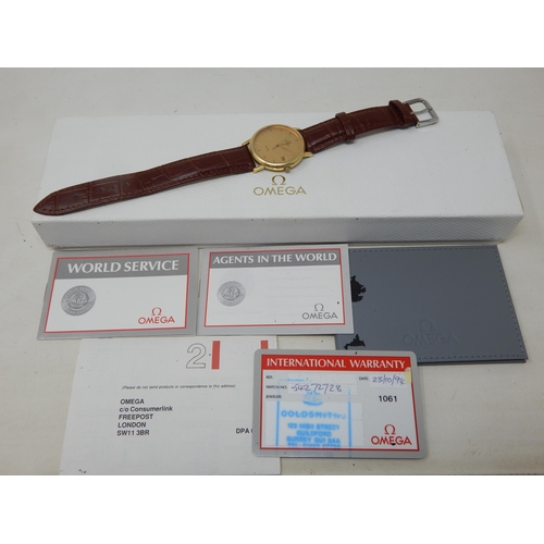 118 - Gentleman's 18ct Gold Omega De Ville Wristwatch with Date Aperture on Leather Strap with Box & Paper... 