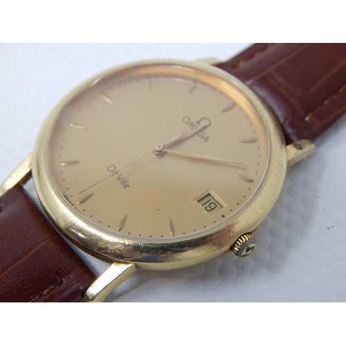 118 - Gentleman's 18ct Gold Omega De Ville Wristwatch with Date Aperture on Leather Strap with Box & Paper... 