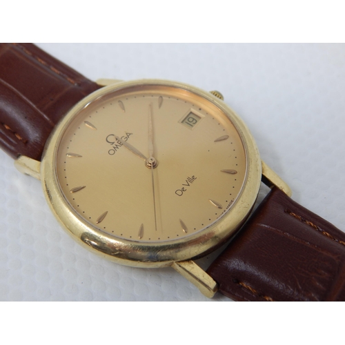 118 - Gentleman's 18ct Gold Omega De Ville Wristwatch with Date Aperture on Leather Strap with Box & Paper... 