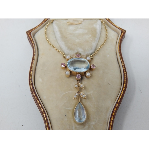 101 - Edwardian 9ct Gold Pendant Necklace Set with Aquamarines, Amethysts & Seed Pearls in Original Gilt T... 