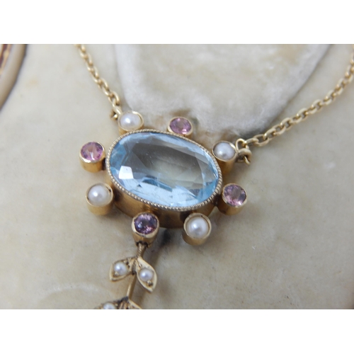 101 - Edwardian 9ct Gold Pendant Necklace Set with Aquamarines, Amethysts & Seed Pearls in Original Gilt T... 