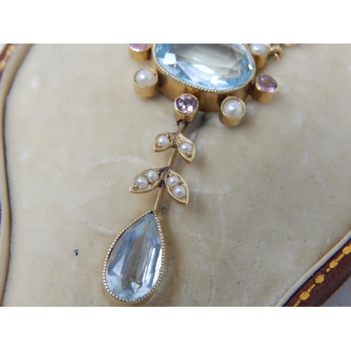 101 - Edwardian 9ct Gold Pendant Necklace Set with Aquamarines, Amethysts & Seed Pearls in Original Gilt T... 