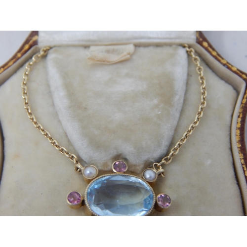 101 - Edwardian 9ct Gold Pendant Necklace Set with Aquamarines, Amethysts & Seed Pearls in Original Gilt T... 