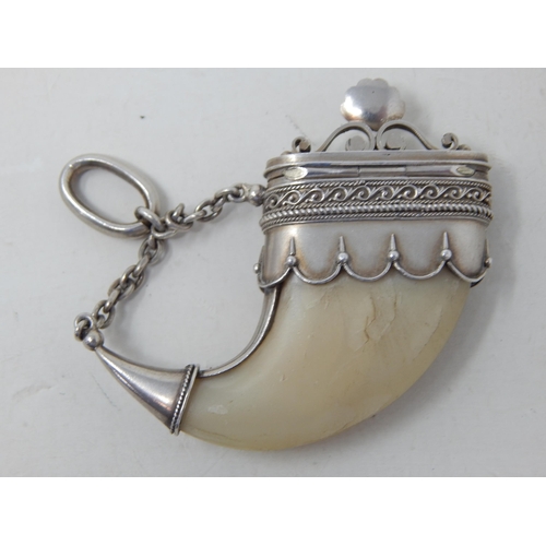 102 - C19th Indian Silver Mounted Tigers Claw Vinaigrette with Pierced Grille & Suspension Chain/Loop