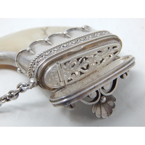 102 - C19th Indian Silver Mounted Tigers Claw Vinaigrette with Pierced Grille & Suspension Chain/Loop