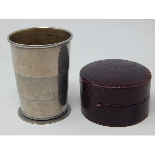 105 - Continental White Metal Collapsible Stirrup Cup with Marks to Base in Original Burgundy Leather Trav... 