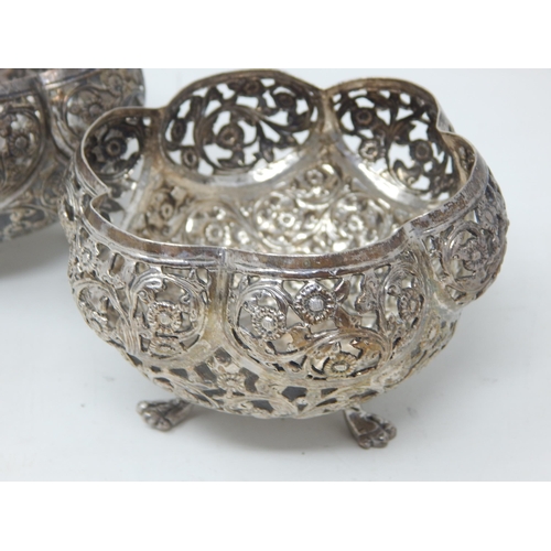 114 - A Pair of Eastern Silver Lobed Bowls with Pierced Decoration, Each Sitting on Three Paw Feet: Measur... 