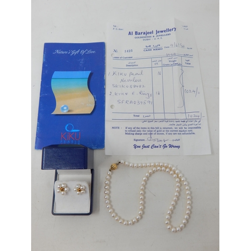 140 - A Pair of 18ct Yellow Gold Pearl Set Earrings & a Gold Clasped Necklace (40cm) with original purchas... 