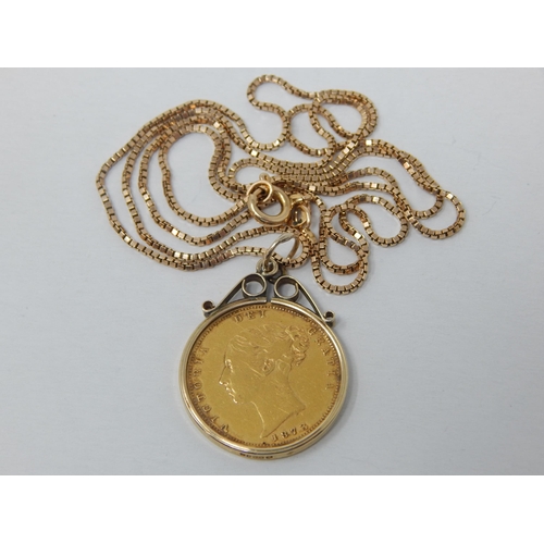 141 - QV 1873 Shield Back Half Sovereign in 9ct Gold Mount on 9ct Gold Chain: Gross weight 8.3g