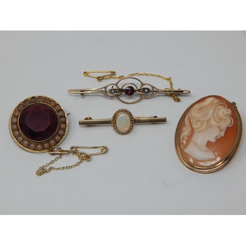 143 - 2 x 9ct Gold Bar Brooches, 9ct Gold Cameo Brooch & an unmarked yellow metal brooch: Gross weight 18.... 