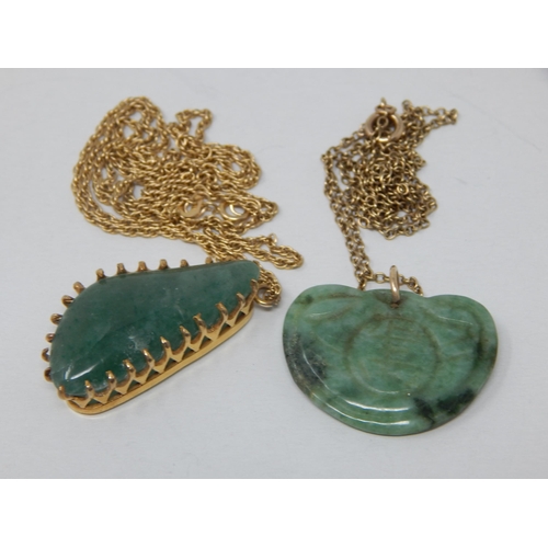 144 - 2 x Jade Pendants on 9ct Gold Chains