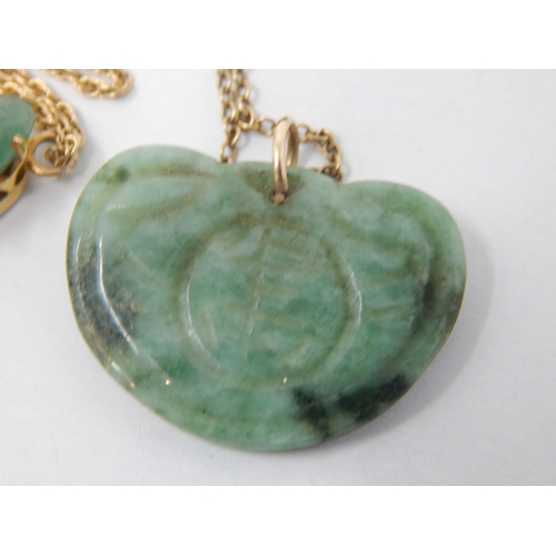 144 - 2 x Jade Pendants on 9ct Gold Chains