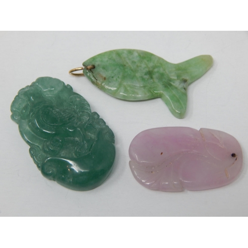 145 - A Piece of Green Jade Carved with a Rooster, A Pink Jade Carved as a Rabbit & a Pale Green Carved Ja... 