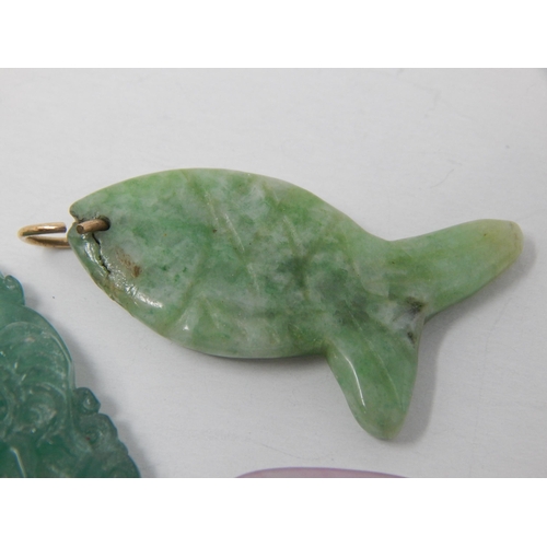 145 - A Piece of Green Jade Carved with a Rooster, A Pink Jade Carved as a Rabbit & a Pale Green Carved Ja... 