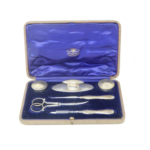 147 - Edwardian Silver Mounted Six Piece Manicure Set with Hammered Finish in Original Fitted Case: Hallma... 