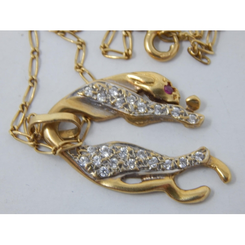 160 - 18ct Yellow Gold Diamond & Ruby Pendant Formed as a Leopard, The Body Set with 21 Diamonds & Ruby Se... 