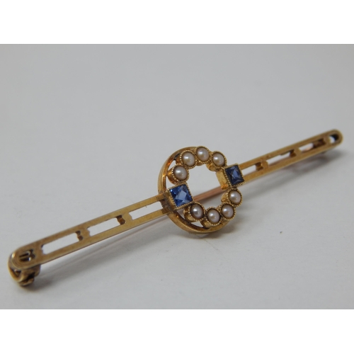 164 - Edwardian 15ct Gold Brooch with a Central Panel Set with Two Sapphires & Eight Seed Pearls: Gross we... 