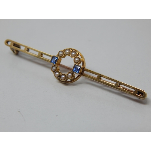 164 - Edwardian 15ct Gold Brooch with a Central Panel Set with Two Sapphires & Eight Seed Pearls: Gross we... 