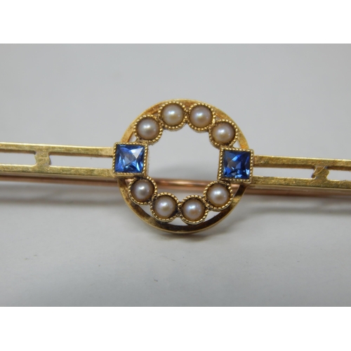 164 - Edwardian 15ct Gold Brooch with a Central Panel Set with Two Sapphires & Eight Seed Pearls: Gross we... 