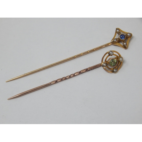 168 - Two Edwardian 9ct Gold Tie Pins: One Set with a Central Peridot & Seed Pearls, The Other Set with a ... 