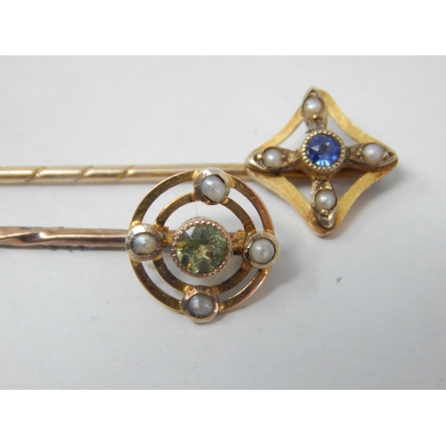 168 - Two Edwardian 9ct Gold Tie Pins: One Set with a Central Peridot & Seed Pearls, The Other Set with a ... 