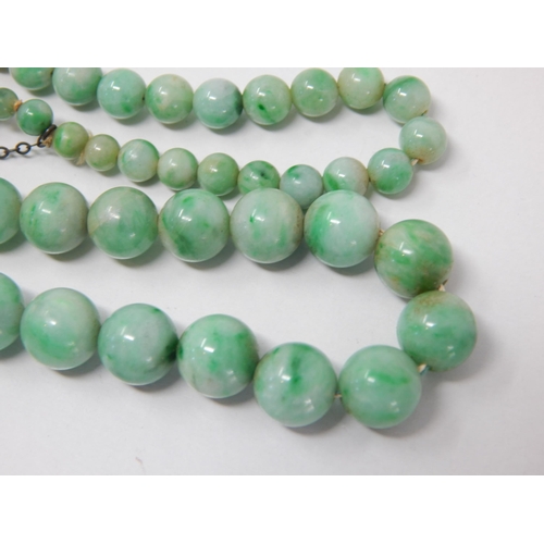 169 - Early 20th Century Graduated Jade Bead Necklace with a White Metal Clasp Set with a Central Polished... 