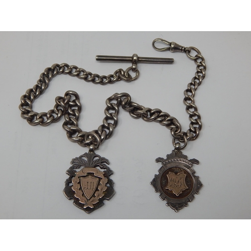 175 - Silver Albert Chain with T-Bar, Clip & Two Attached Fobs: All Links Hallmarked. Weight 54.98g