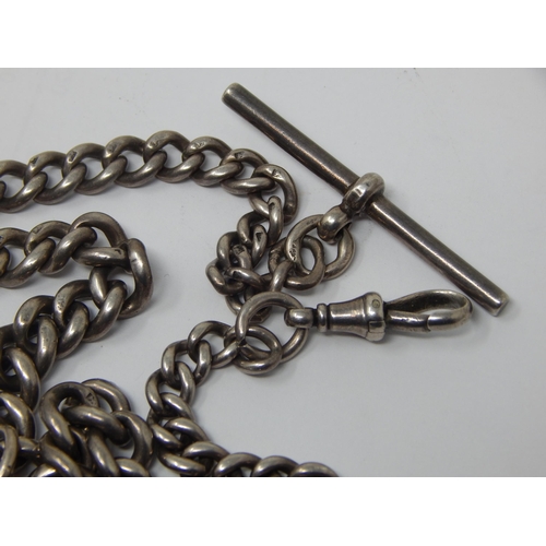 175 - Silver Albert Chain with T-Bar, Clip & Two Attached Fobs: All Links Hallmarked. Weight 54.98g