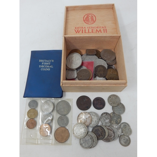 77 - A Wooden Cigar Box containing a quantity of UK coinage including pre-1947 silver (190g) QEII Coronat... 