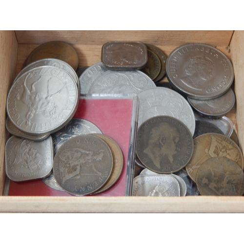 77 - A Wooden Cigar Box containing a quantity of UK coinage including pre-1947 silver (190g) QEII Coronat... 