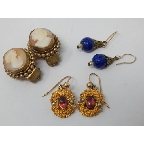 182 - A Pair of Victorian Yellow Metal Earrings Set with Amethyst cabochons & Seed Pearls together with tw... 