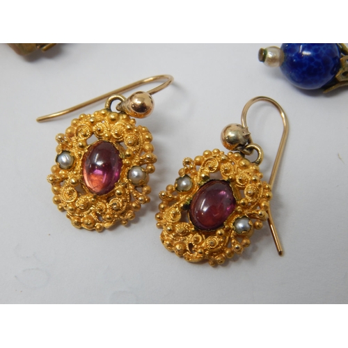 182 - A Pair of Victorian Yellow Metal Earrings Set with Amethyst cabochons & Seed Pearls together with tw... 