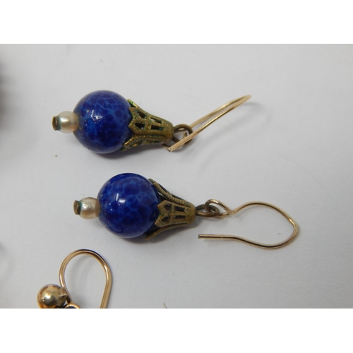 182 - A Pair of Victorian Yellow Metal Earrings Set with Amethyst cabochons & Seed Pearls together with tw... 