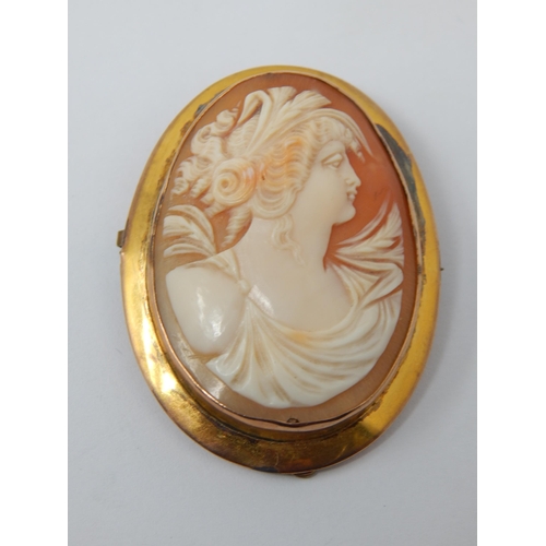 192 - 9ct Gold Framed Cameo Brooch with Safety Chain: gross weight 7.04g