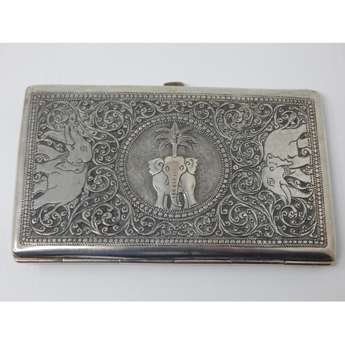 194 - Indian Silver Cigarette Case with Elephant Decoration: Measuring 13.5cm x 8cm: Weight 152g