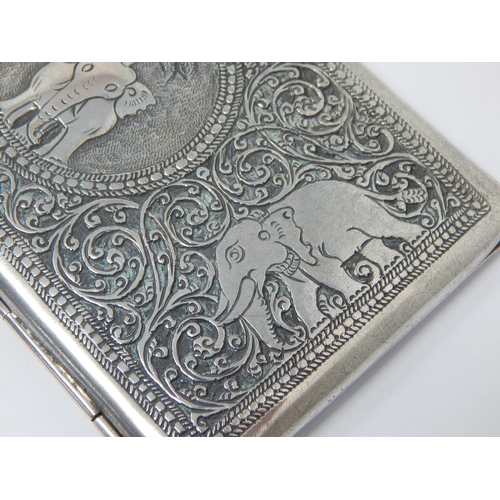 194 - Indian Silver Cigarette Case with Elephant Decoration: Measuring 13.5cm x 8cm: Weight 152g