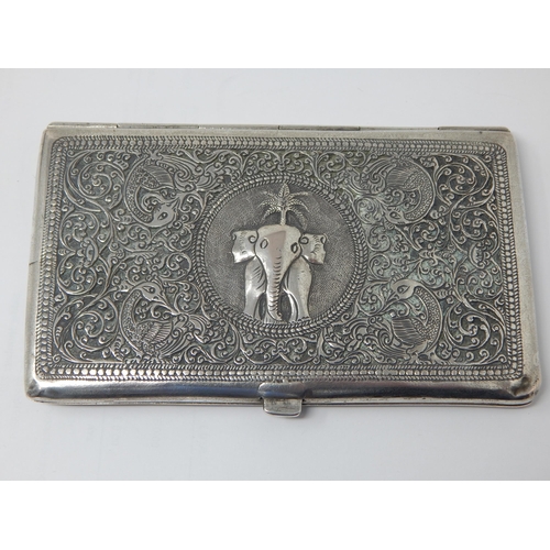 194 - Indian Silver Cigarette Case with Elephant Decoration: Measuring 13.5cm x 8cm: Weight 152g