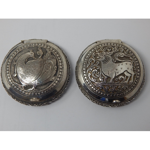 195 - Two Indian Silver Tobacco Boxes with Hinged Lids Depicting Animals: 6.4cm diameter: Weight 120g