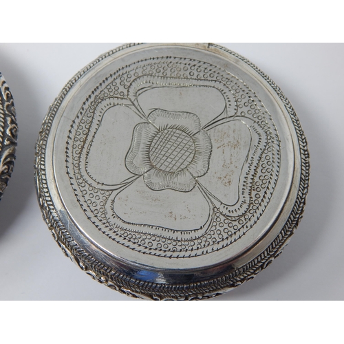 195 - Two Indian Silver Tobacco Boxes with Hinged Lids Depicting Animals: 6.4cm diameter: Weight 120g