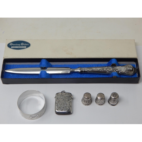 196 - Victorian Silver Vesta Case Hallmarked Birmingham 1899 together with a Silver napkin Ring & Three Si... 